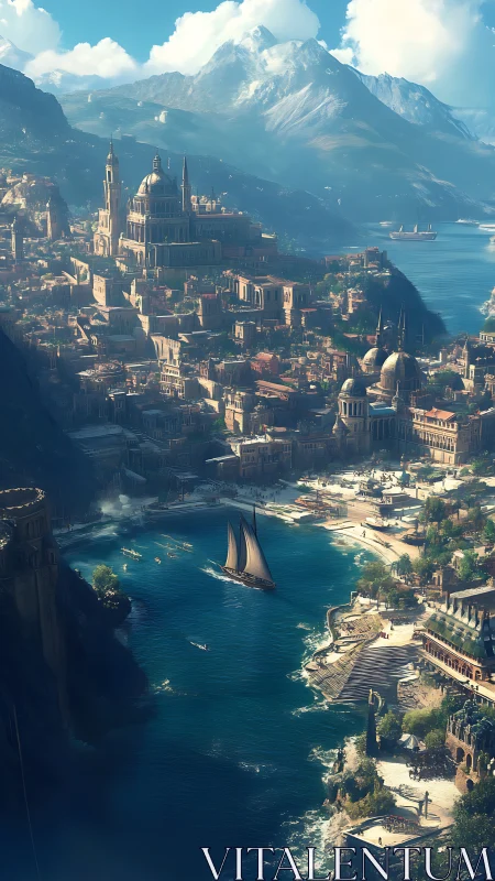 Fantasy coastal kingdom with terraced harbor architecture.