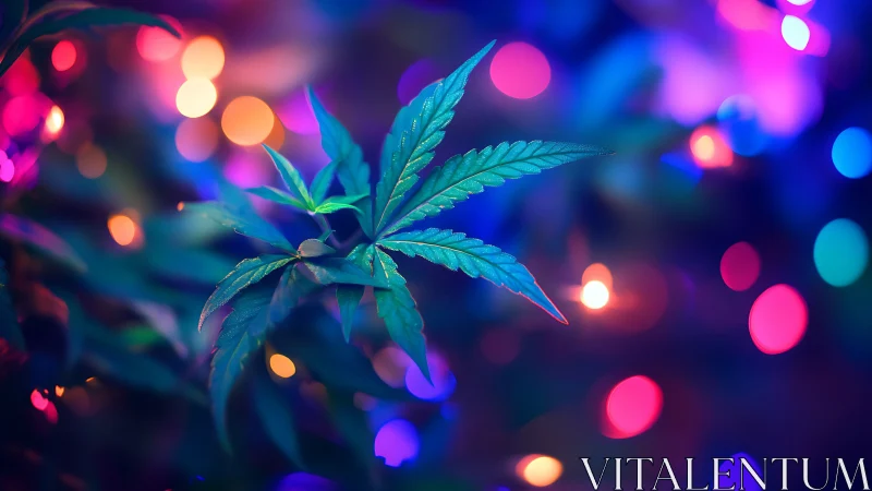 Cannabis leaf under neon bokeh lights at night.