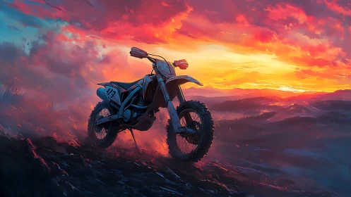 Trailblaze at dusk: dirt bike crowned by wildfire skies.