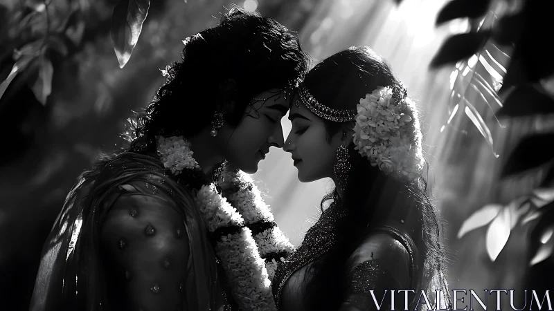 Two figures in ceremonial garlands share intimate moment. Black and white.