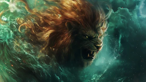 Celestial lion spirit emerges in swirling cosmic storm.