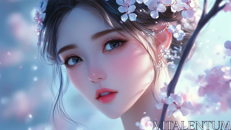 Blossom-crowned anime girl gazes softly amid spring light.