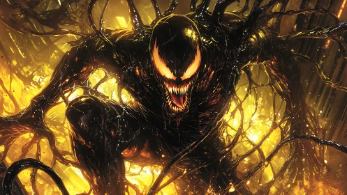 Symbiotic black creature in dynamic fiery tendril explosion