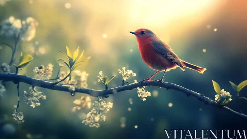 Vibrant robin on blossoming branch in dreamy spring light.