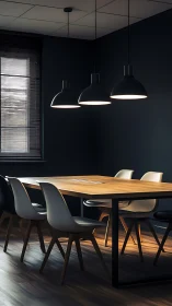 Modern conference room table under three pendant lights