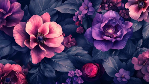 Digital Floral Composition with Pink and Purple Blooms