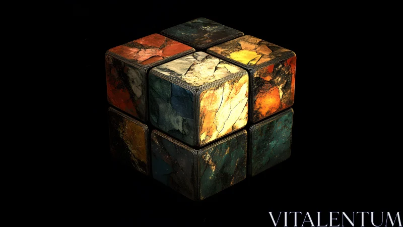 Weathered Artistic Cube with Textured Marble Surfaces in 3D Style.