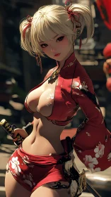 Blonde anime swordswoman in red floral outfit stands confidently