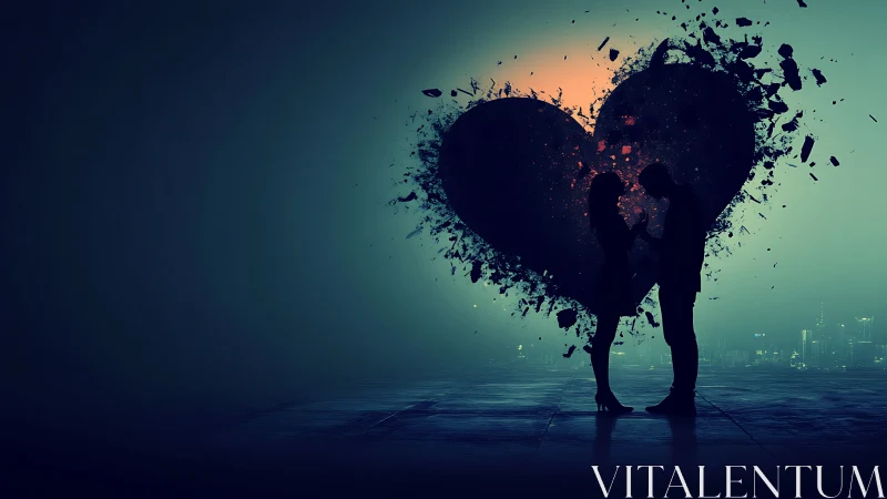 Silhouette Holds Disintegrating Heart Against Urban Glow