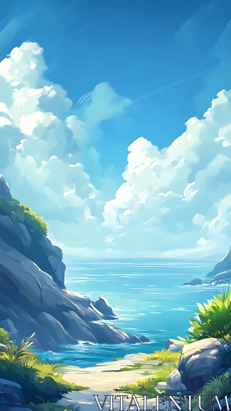 Coastal cove under cumulonimbus sky rendered in stylized digital painting