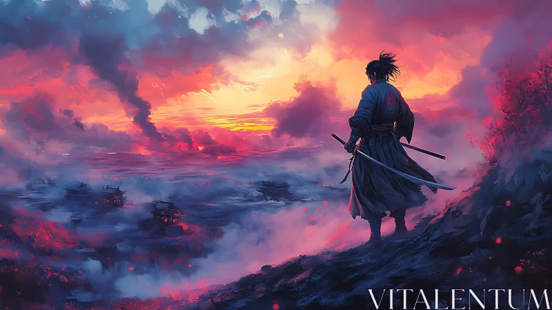 Lone samurai overlooking burning valley at vivid sunset.