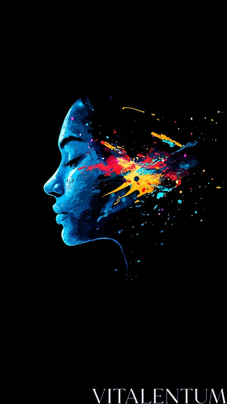 Blue profile silhouette bursts into neon paint fragments.