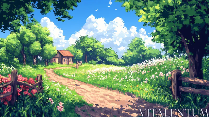 Pixel cottage sits beyond winding path in bright spring meadow