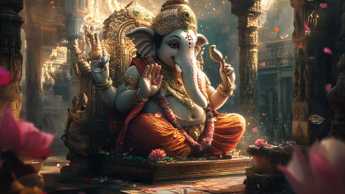 Ganesha idol glows within ornate golden temple sanctum.