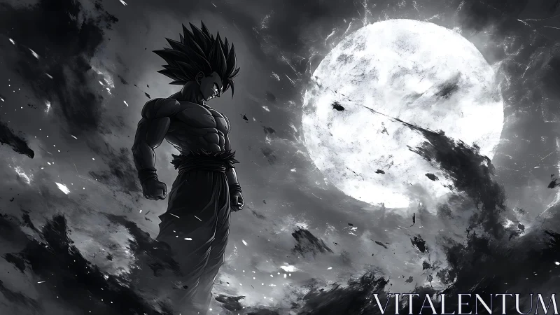 Lone anime warrior standing strong beneath a blazing moon.