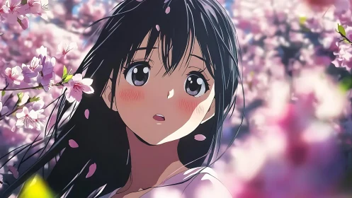 Anime girl stands among blooming sakura in soft spring light