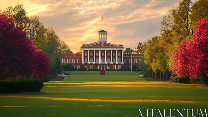 Red brick campus building stands beyond manicured green lawn