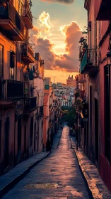 Golden evening stroll down a quiet sunlit city street.