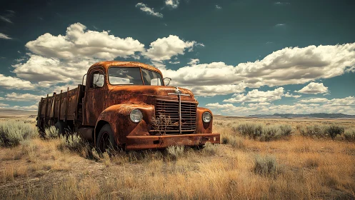 Rust-bitten desert truck dozes beneath a wildly painted sky