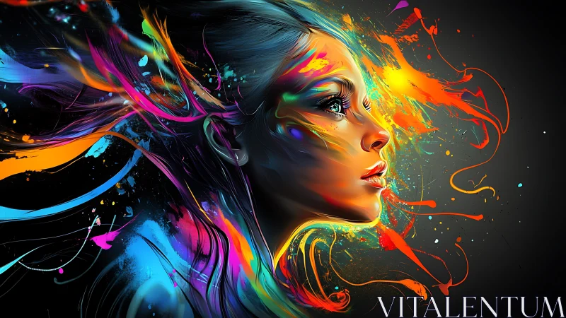 Vivid neon portrait captures a woman in swirling color motion.
