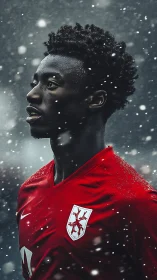 Snowflakes orbit a focused striker in crimson armor