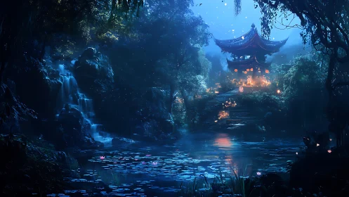 Moonlit temple overlooks waterfall pond in dense forest