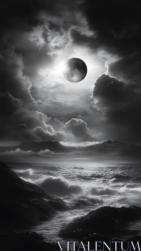 Monochrome lunar eclipse hangs above storm-lashed ocean