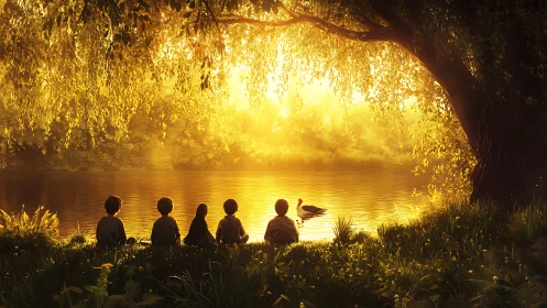 Golden hour lakeside with children under willow tree canopy