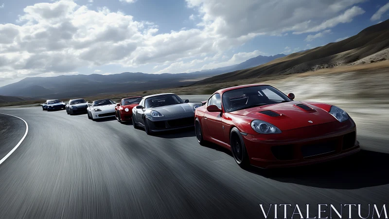 Sports car convoy racing through sunlit mountain highway.