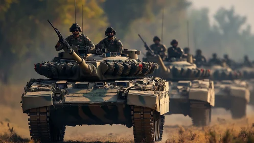 Main battle tanks advance in formation along dusty terrain