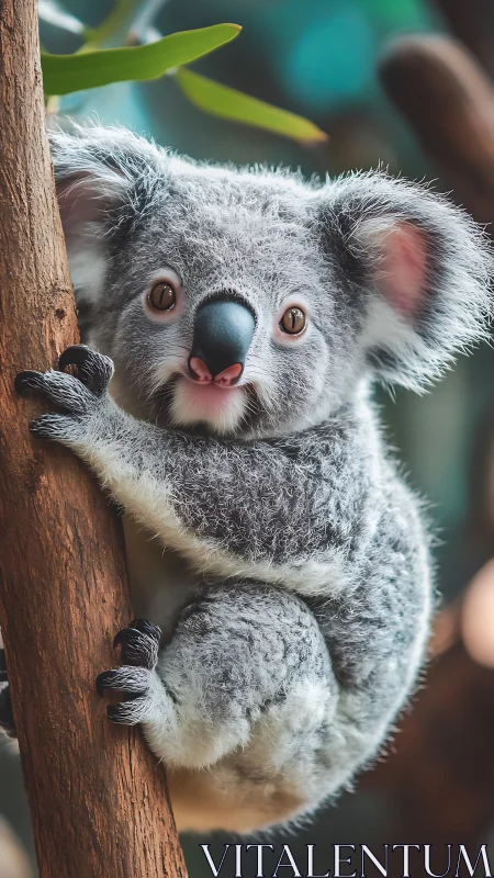 Curious koala cuddling a tree with bright, playful eyes.