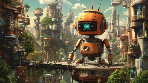 Friendly orange robot greets a bustling green sci fi city