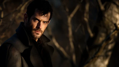 Brooding man in forest shadows watches with intense focus.