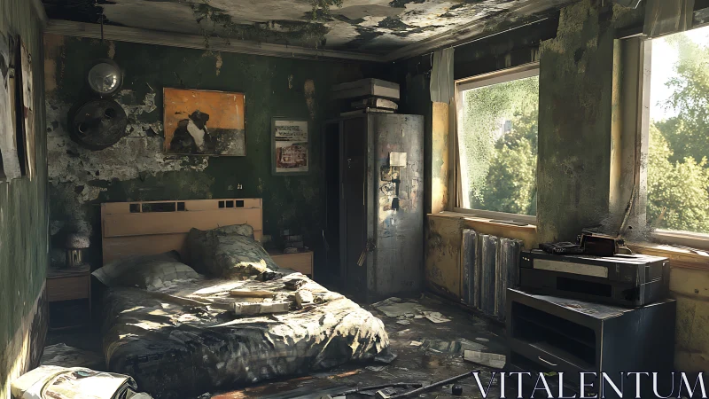 Sunlit abandoned bedroom captures quiet post-apocalyptic decay