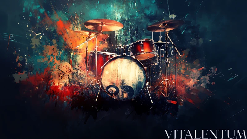 Digital painting of drum kit in explosive prismatic color field.