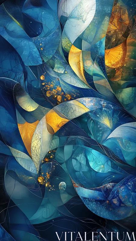 Layered blue and yellow abstract forms in curved composition.