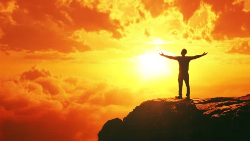 Silhouette of person on cliff facing intense orange sunset.