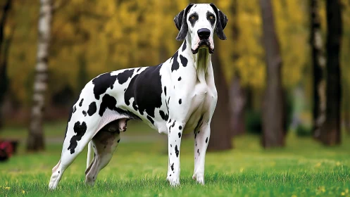 Harlequin Great Dane standing in sharp focus on grassy lawn