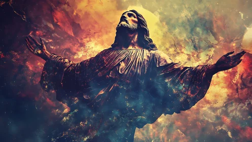 Radiant robed figure lifts open arms in celestial light