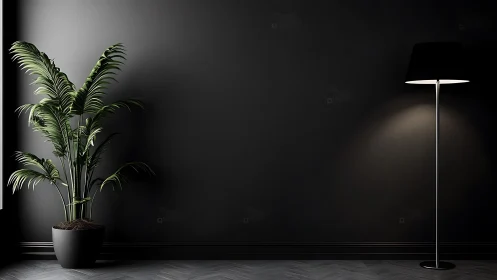 Calm corner with green potted palm and soft floor lamp glow.