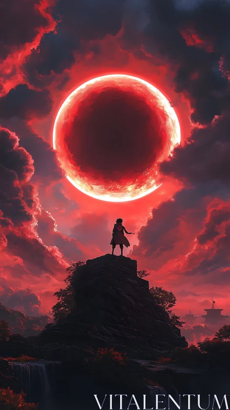 Crimson eclipse above lone warrior on stormlit cliffside.