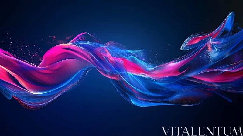 Neon light ribbons swirl across deep blue digital void.