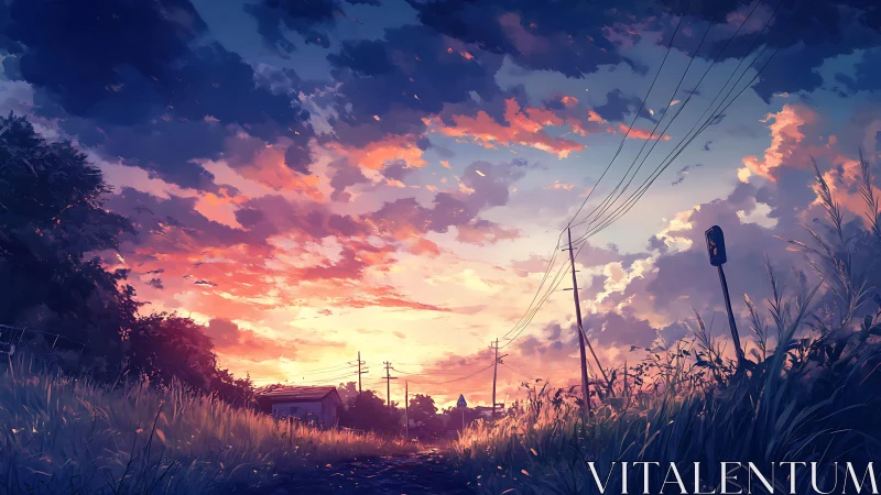 Sunset sky over rural road, power lines, and tall grass.