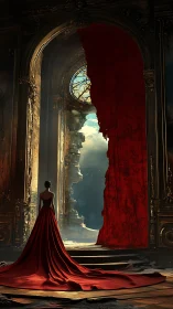 Solitary figure in red gown approaches ruined baroque portal