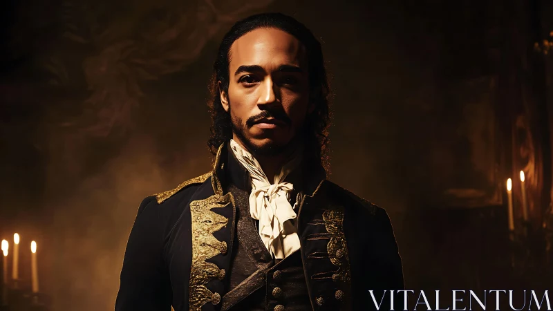 Regal male portrait in baroque uniform under dramatic candlelight