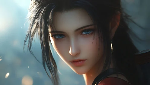 Gentle warrior girl with soulful eyes in soft light.