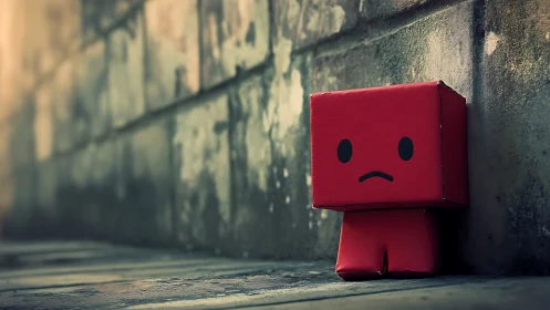 Sad red box character leaning alone against wall.