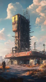 Post-apocalyptic rusted service tower dominates desolate highway