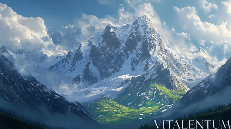 Snowy mountain peak above bright green alpine valley.