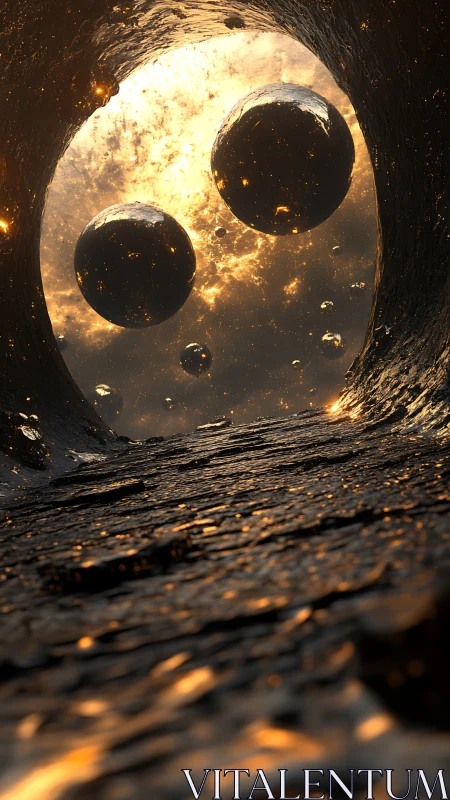 Solar tunnel orbs drifting through molten cosmic dusk.
